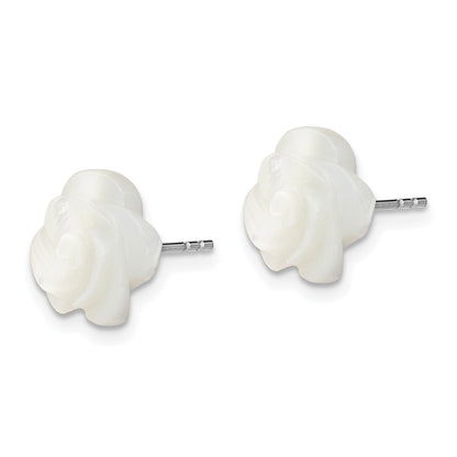 Sterling Silver Rh-Plated 10mm White Mother Of Pearl Flower Earrings