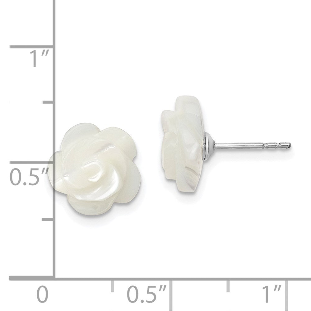 Sterling Silver Rh-Plated 10mm White Mother Of Pearl Flower Earrings