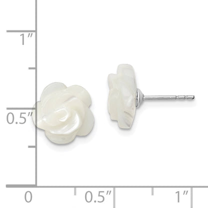 Sterling Silver Rh-Plated 10mm White Mother Of Pearl Flower Earrings