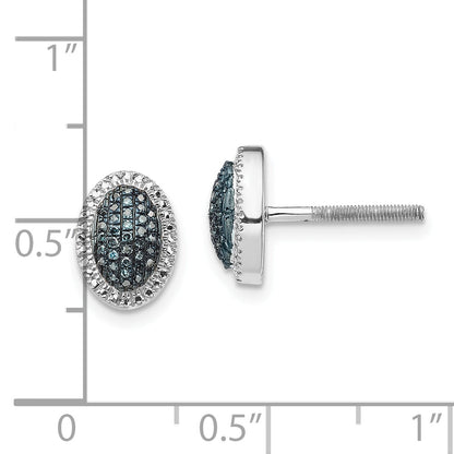 Sterling Silver White Night Rhodium-Plated Blue Diamond Oval Screwback Post Earrings
