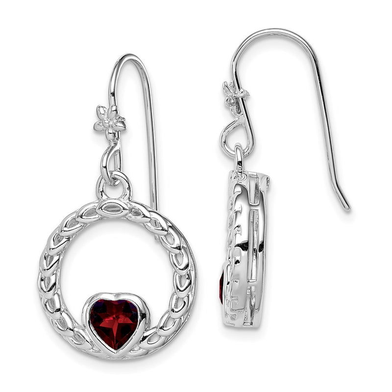 Sterling Silver Rhodium-Plated Garnet Heart Dangle Earring