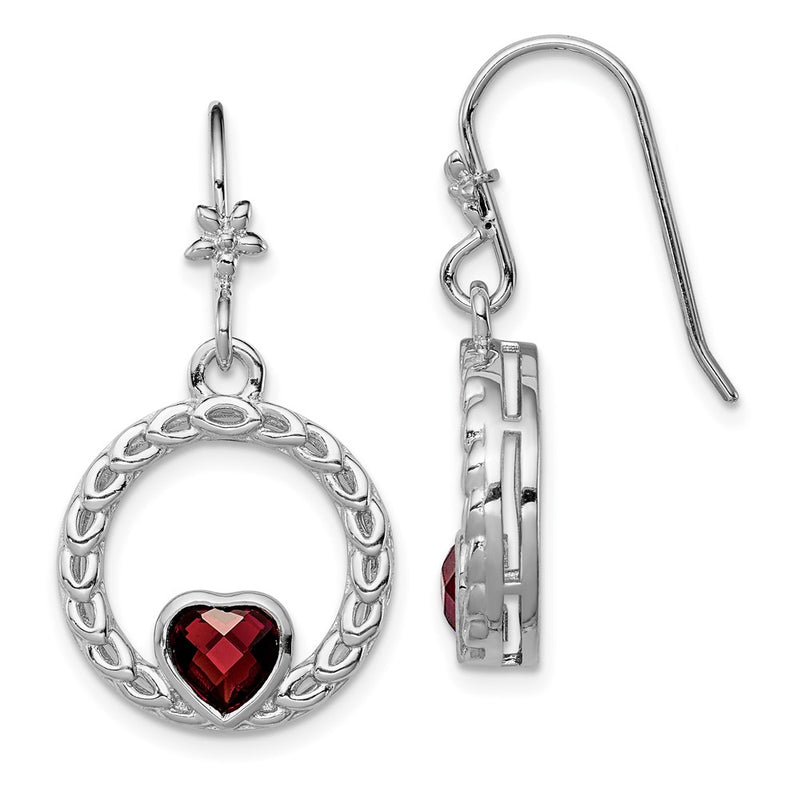 Sterling Silver Rhodium-Plated Garnet Heart Dangle Earring