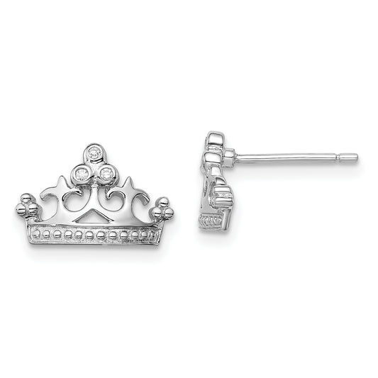 Sterling Silver Rhodium-Plated Cz Crown Post Earrings