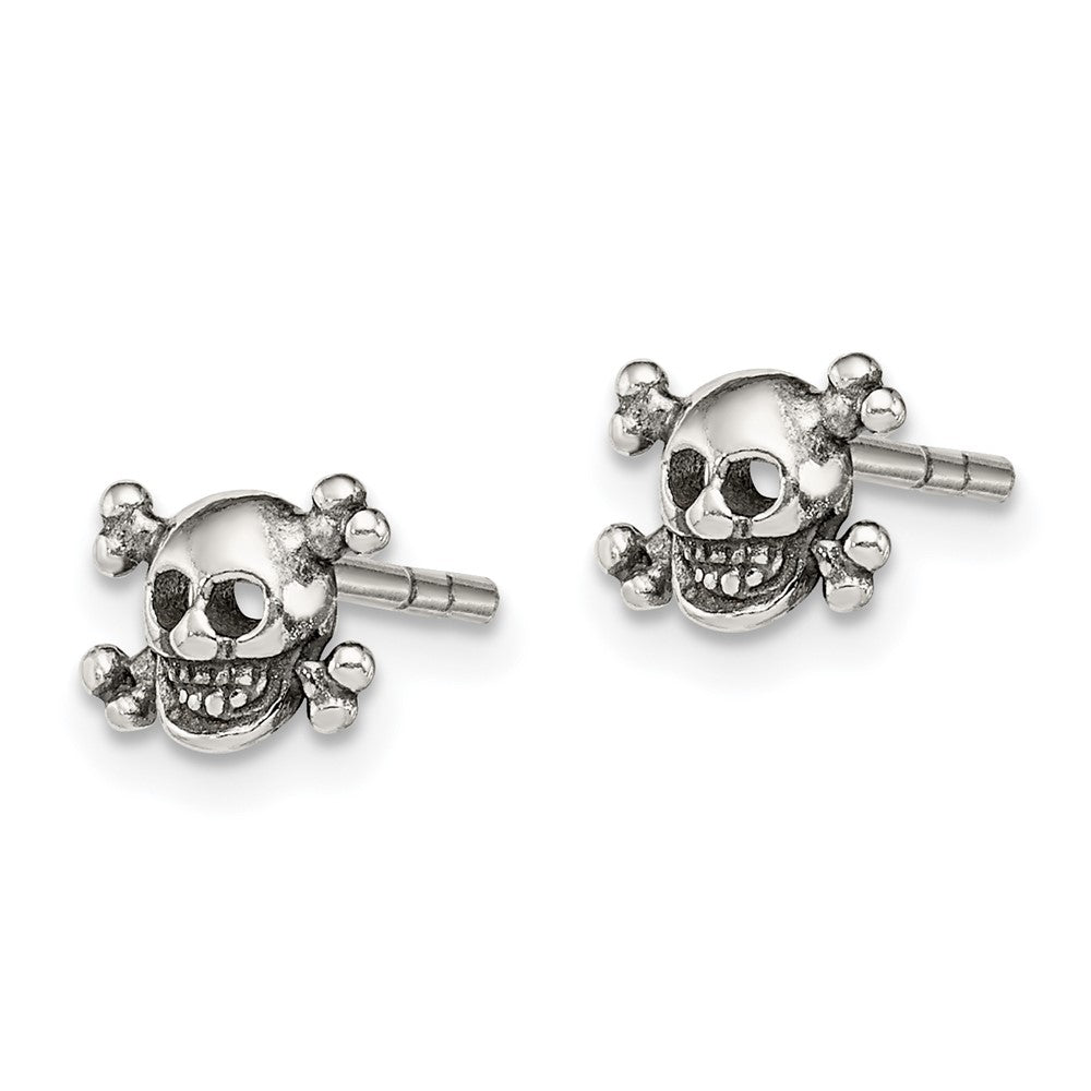Sterling Silver Polished And Antiqued Skull Post Earrings