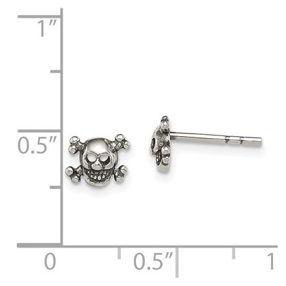 Sterling Silver Polished And Antiqued Skull Post Earrings