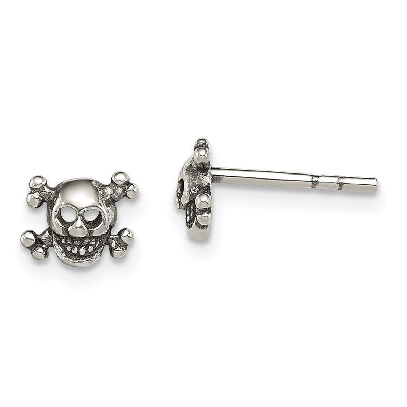 Sterling Silver Polished And Antiqued Skull Post Earrings