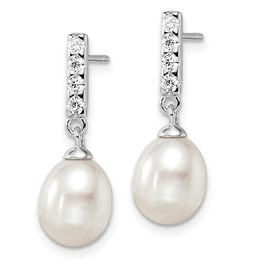 Sterling Silver Rhodium-Plated 8-9mm White Fwc Pearl Cz Post Earrings