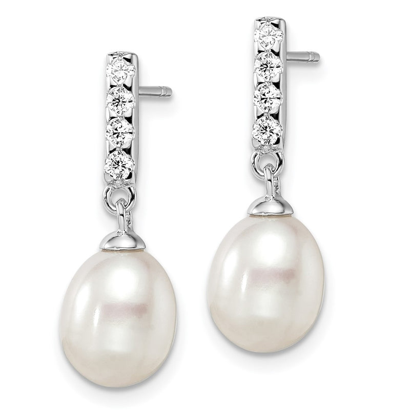 Sterling Silver Rhodium-Plated 8-9mm White Fwc Pearl Cz Post Earrings