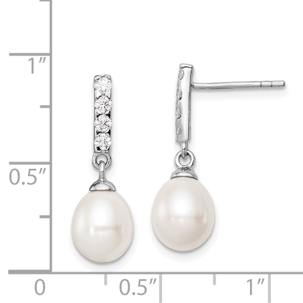 Sterling Silver Rhodium-Plated 8-9mm White Fwc Pearl Cz Post Earrings