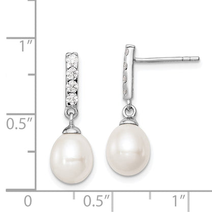 Sterling Silver Rhodium-Plated 8-9mm White Fwc Pearl Cz Post Earrings