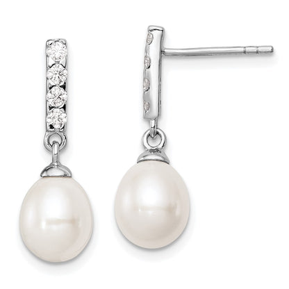 Sterling Silver Rhodium-Plated 8-9mm White Fwc Pearl Cz Post Earrings