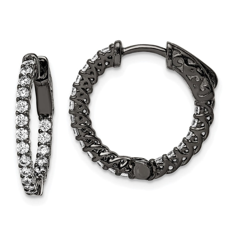 Sterling Silver Shimmer Black Rhodium-Plated 38 Stone 1.75mm Cz In And Out Round Hinged Hoop Earrings