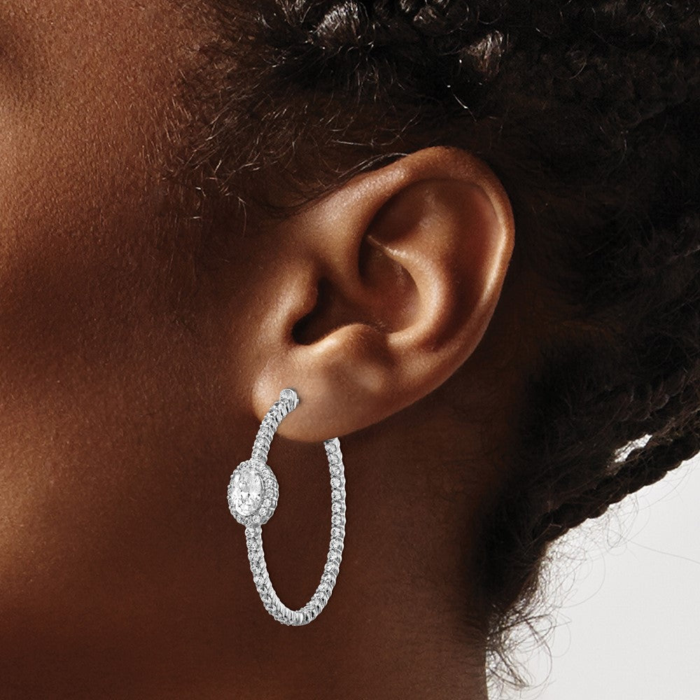 Sterling Silver Shimmer Rhodium-Plated 104 Stone Cz Fancy In And Out Oval Hinged Hoop Earrings