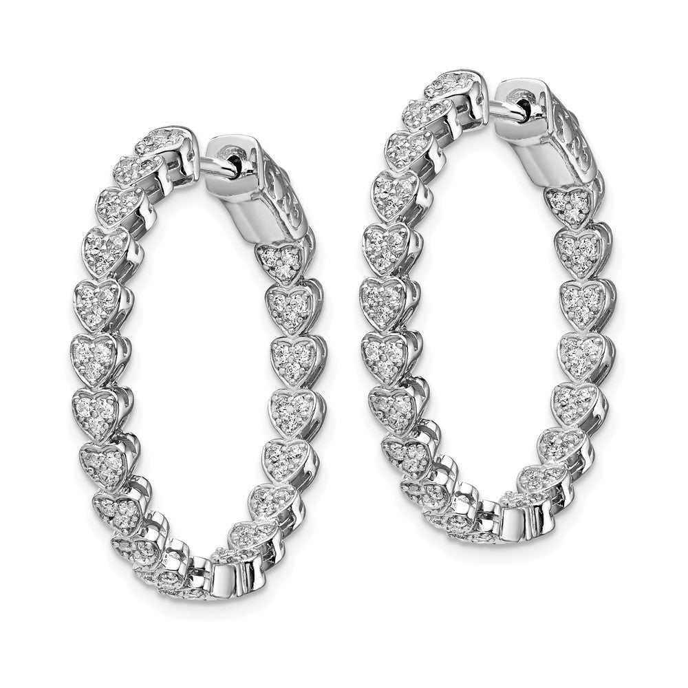 Sterling Silver Shimmer Rhodium-Plated 120 Stone Heart Shaped 1.2mm Cz In And Out Round Hinged Hoop Earrings