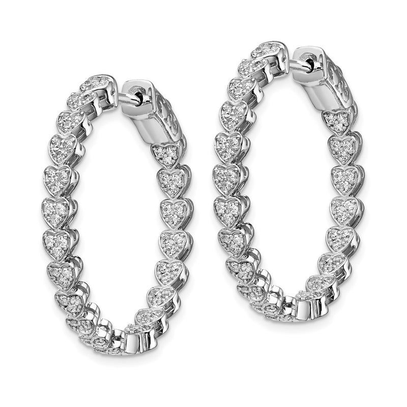 Sterling Silver Shimmer Rhodium-Plated 120 Stone Heart Shaped 1.2mm Cz In And Out Round Hinged Hoop Earrings