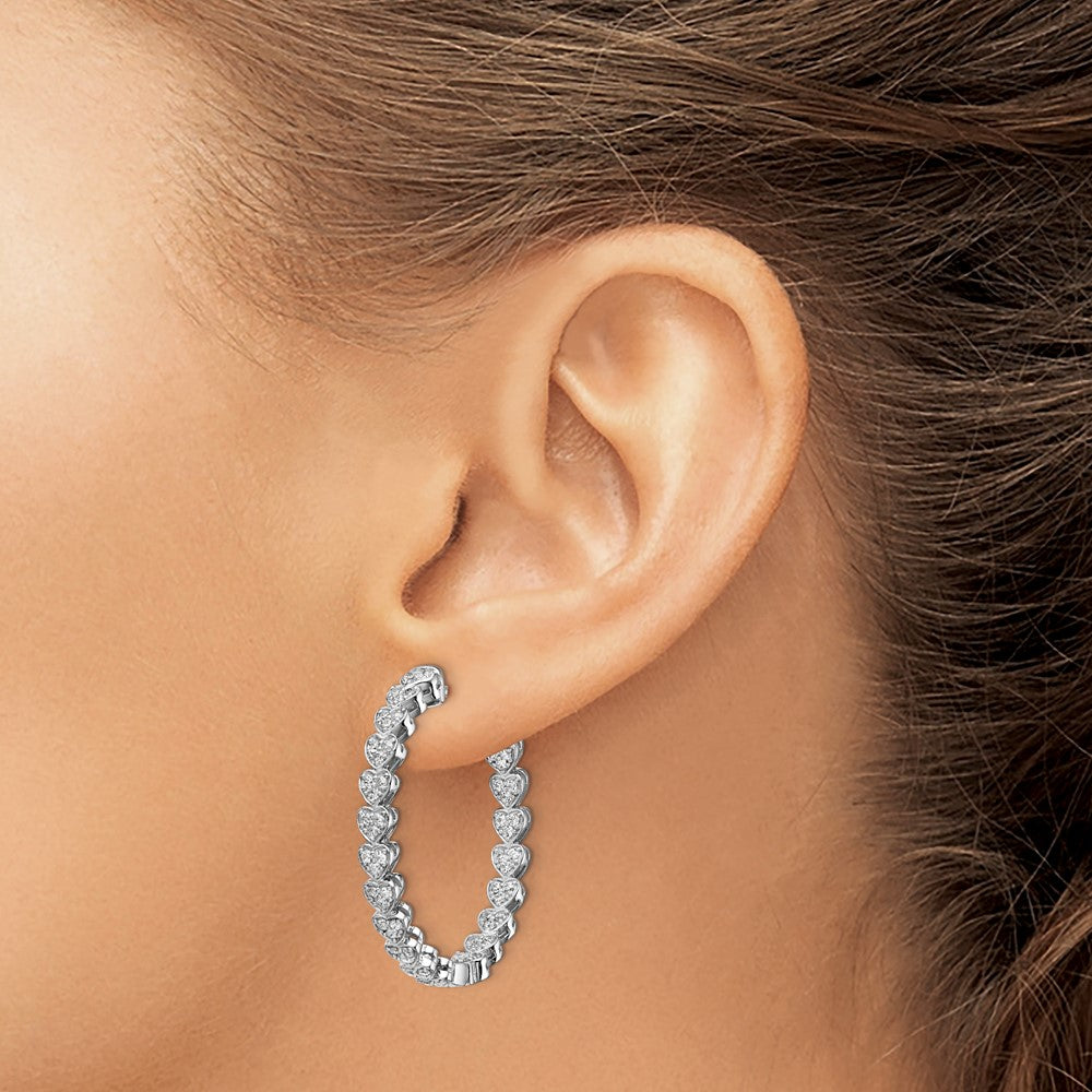 Sterling Silver Shimmer Rhodium-Plated 120 Stone Heart Shaped 1.2mm Cz In And Out Round Hinged Hoop Earrings