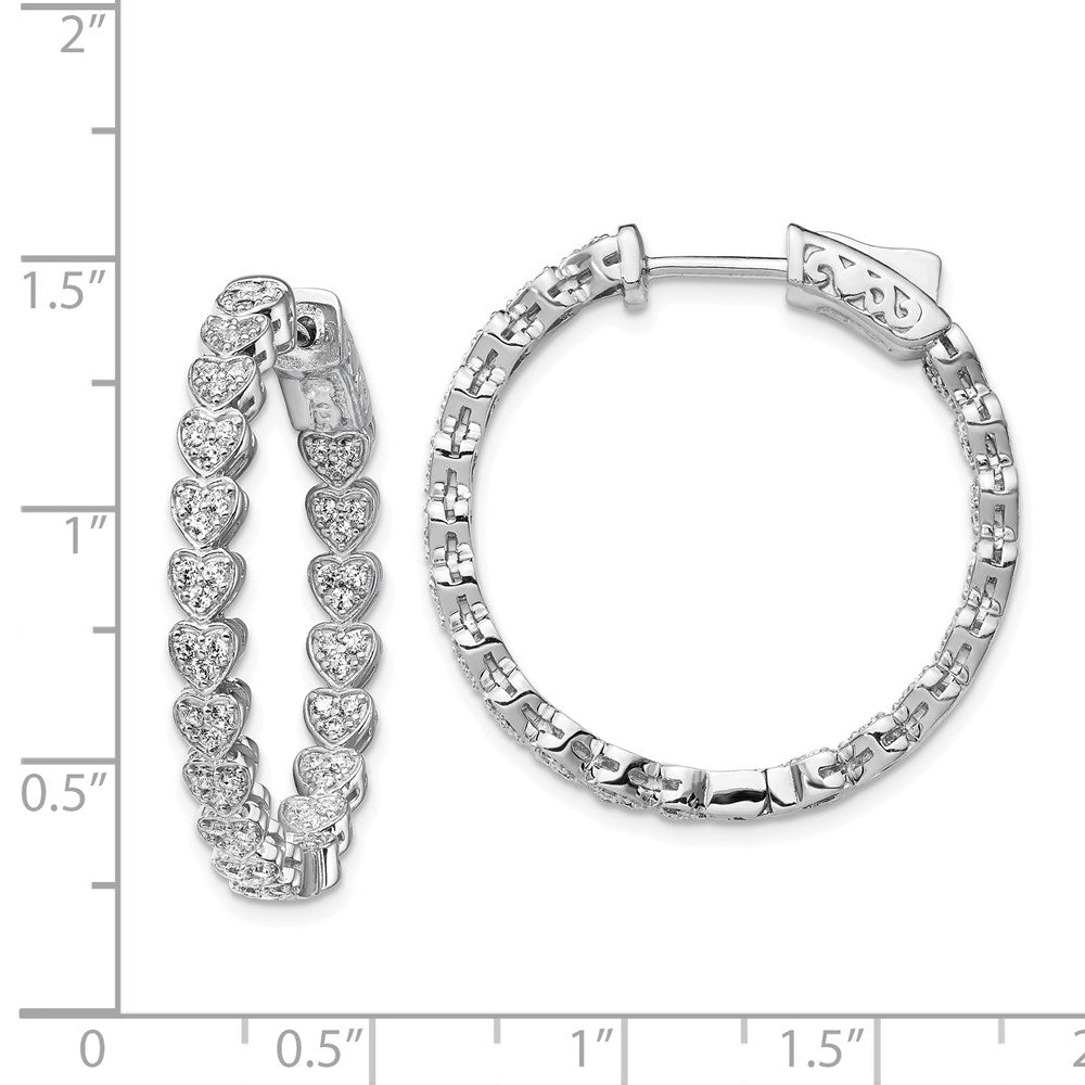 Sterling Silver Shimmer Rhodium-Plated 120 Stone Heart Shaped 1.2mm Cz In And Out Round Hinged Hoop Earrings