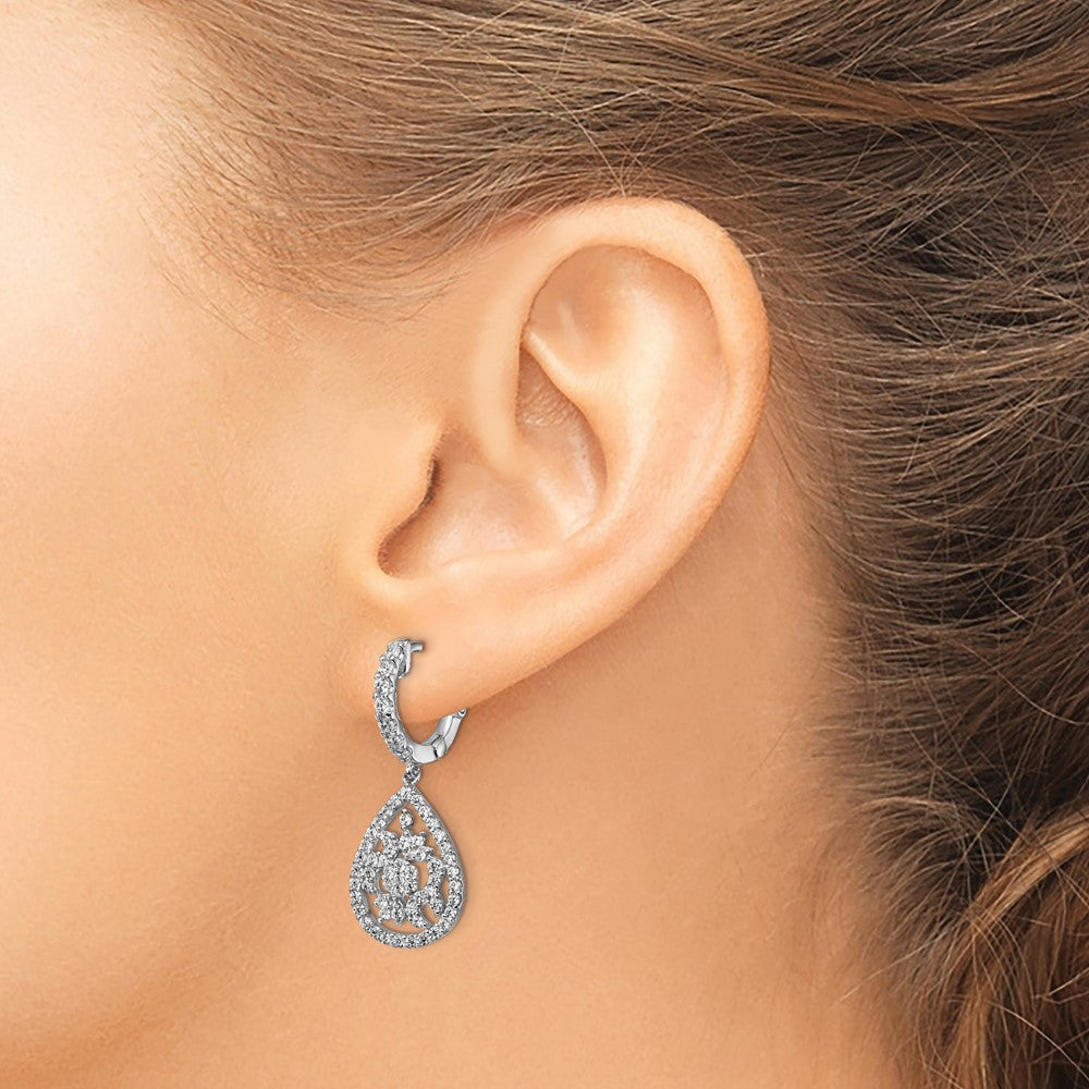 Sterling Silver Shimmer Rhodium-Plated 126 Stone Cz Teardrop Dangle Hinged Hoop Earrings