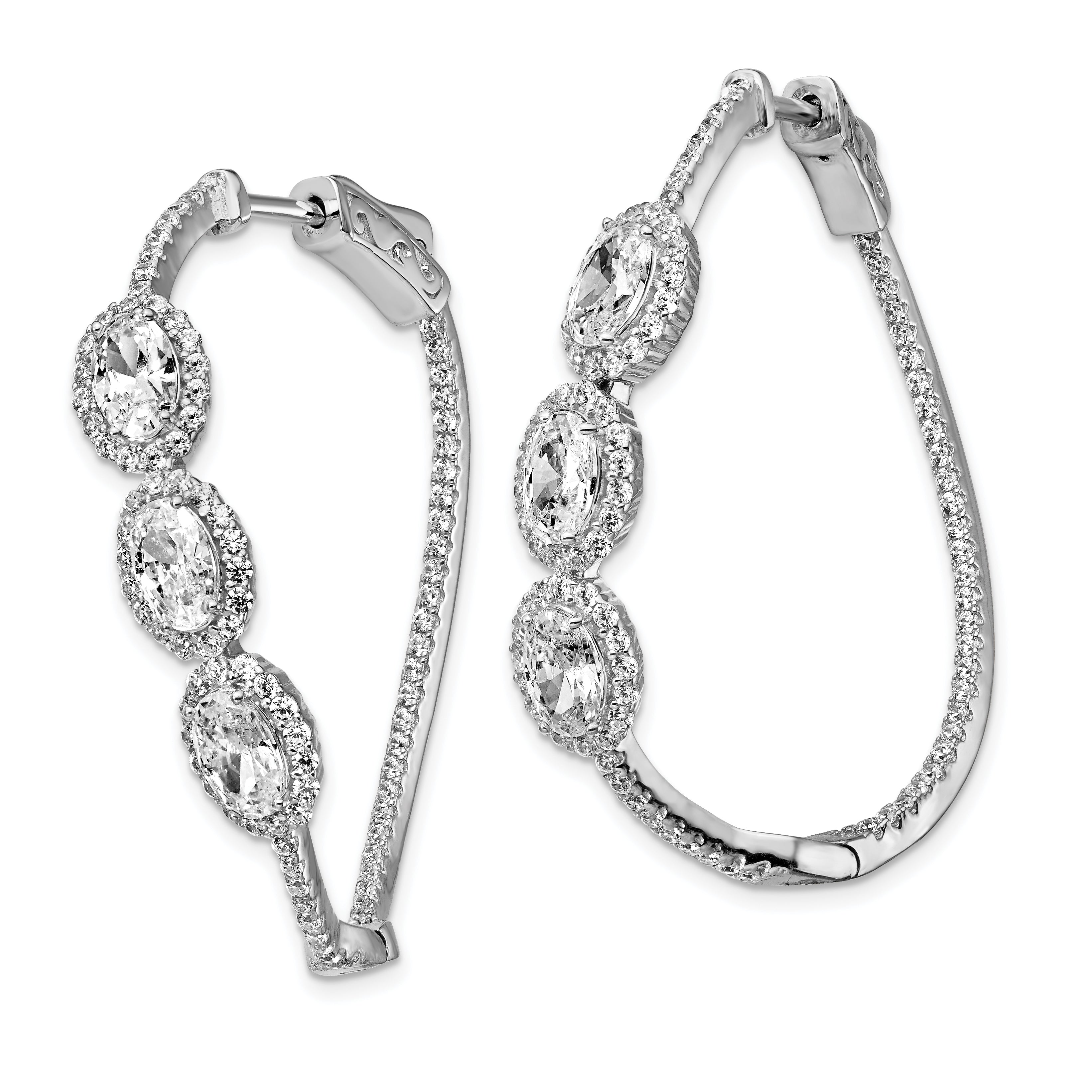 Sterling Silver Shimmer Rhodium-Plated 194 Stone Cz Oval Halo Twisted In And Out Hinged Hoop Earrings