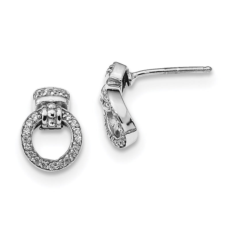 Sterling Silver Rhodium-Plated Polished & Textured Cz Circle Post Earrings
