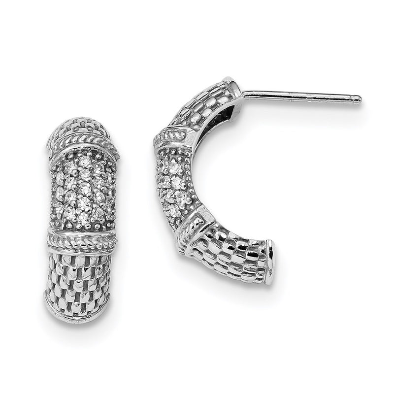 Sterling Silver Rhodium-Plated Polished & Textured Cz Post Earrings
