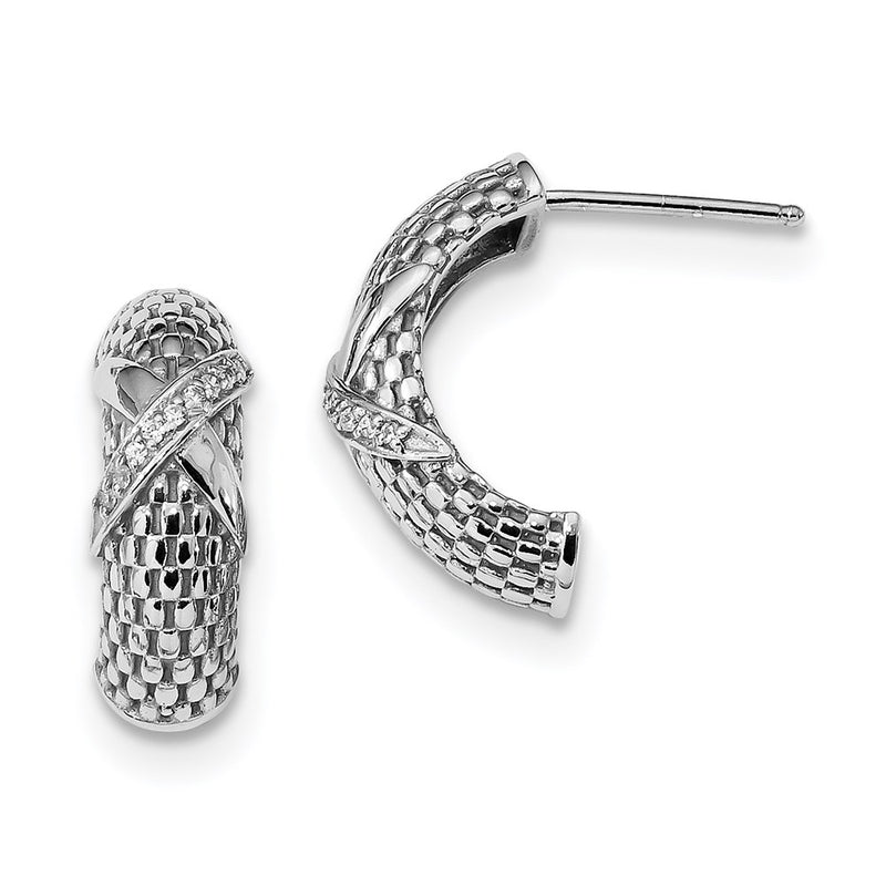 Sterling Silver Rhodium-Plated Polished & Textured Cz Post Earrings