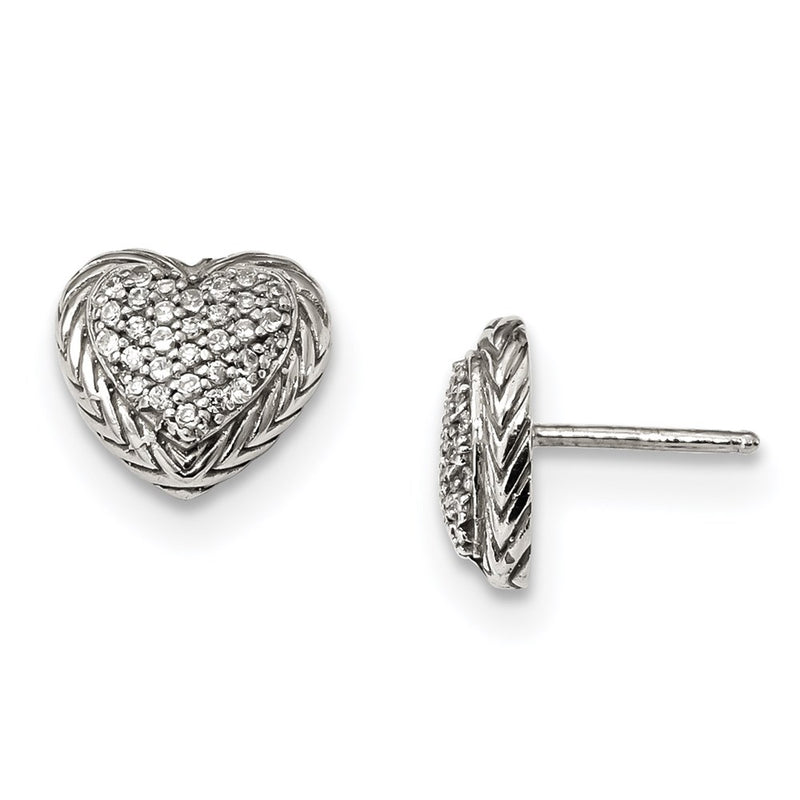 Sterling Silver Cz Textured Heart Post Earrings