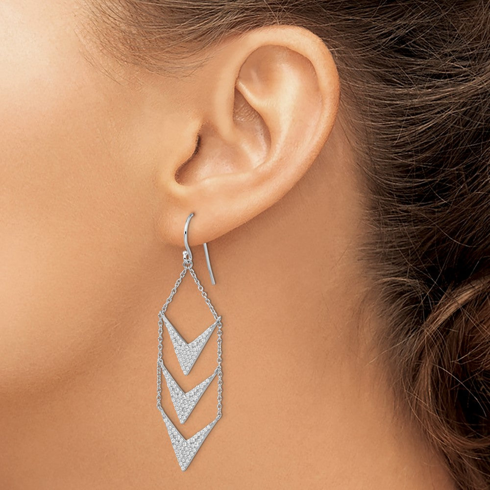 Sterling Silver Rhodium-Plated Cz Fancy Dangle Shepherd Hook Earrings