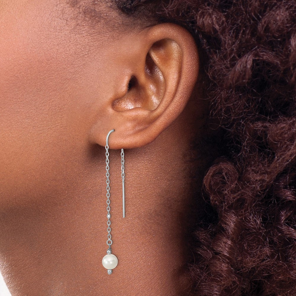 Sterling Silver Rhodium-Plated Polished White 6-7mm Freshwater Cultured Pearl Threader Earrings