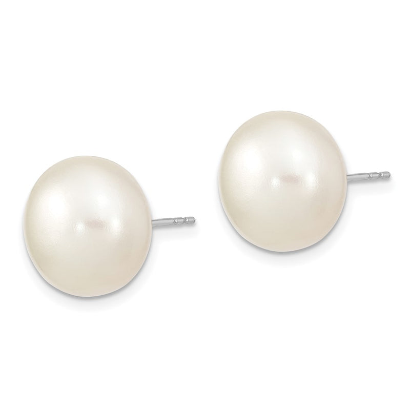 Sterling Silver Rh 13-14mm White Button Fwc Pearl Post Earrings