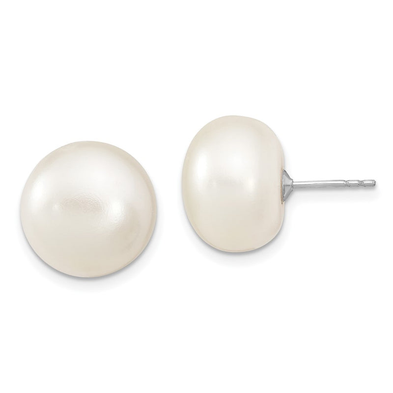 Sterling Silver Rh 13-14mm White Button Fwc Pearl Post Earrings