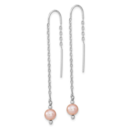 Sterling Silver Rhodium-Plated Polished Pink 6-7mm Freshwater Cultured Pearl Threader Earrings