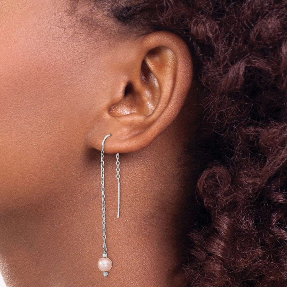 Sterling Silver Rhodium-Plated Polished Pink 6-7mm Freshwater Cultured Pearl Threader Earrings