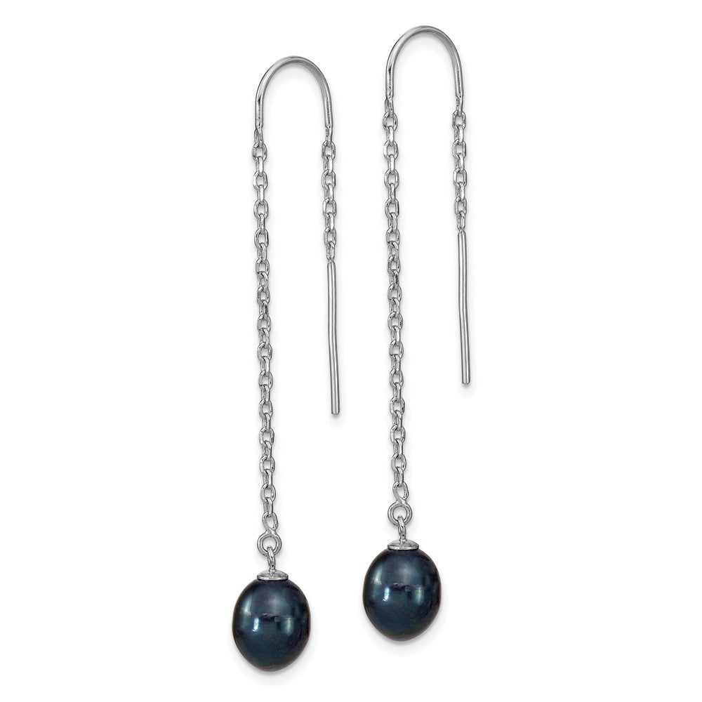 Sterling Silver Rhodium-Plated Polished 7-8mm Black Freshwater Cultured Pearl Threader Earrings
