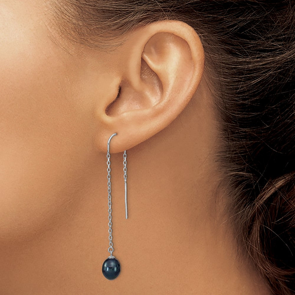 Sterling Silver Rhodium-Plated Polished 7-8mm Black Freshwater Cultured Pearl Threader Earrings