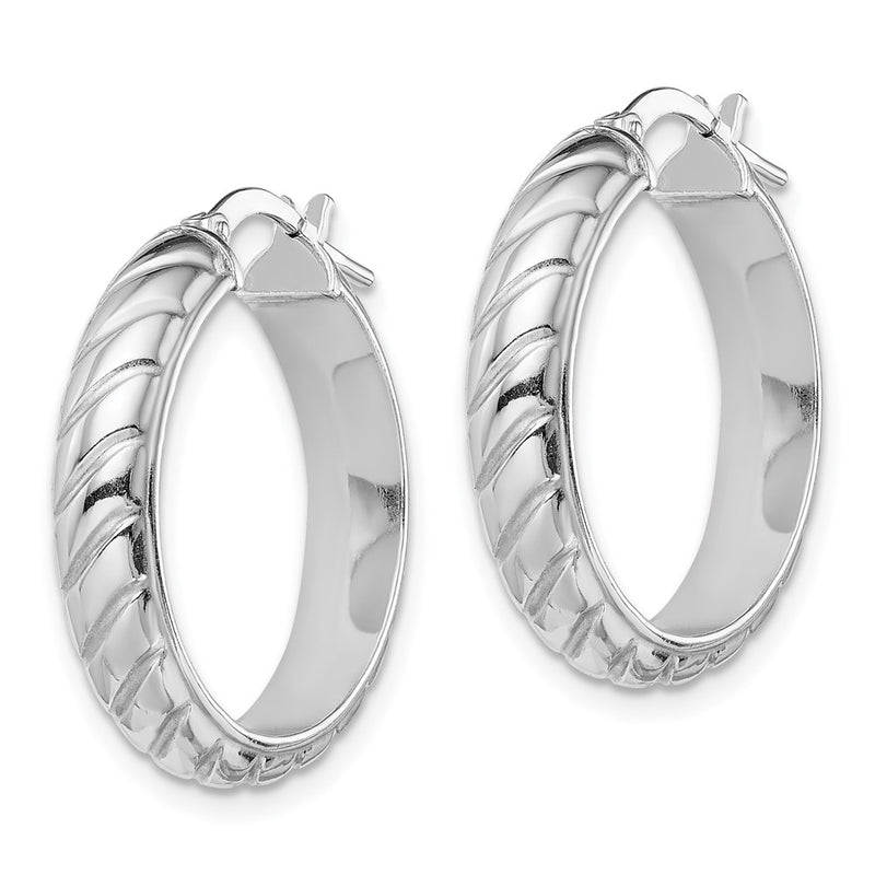 Sterling Silver Rhodium-Plated 5X20mm Polished Textured Hoops