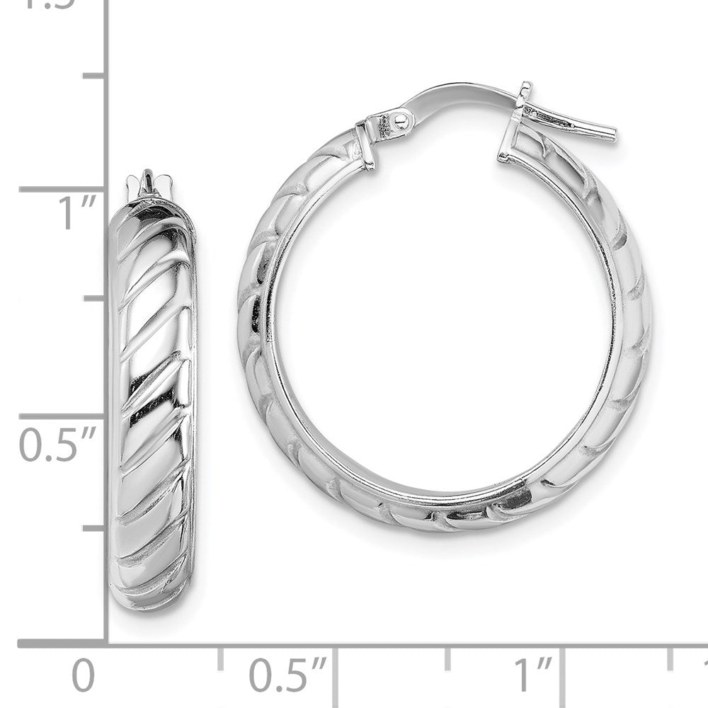 Sterling Silver Rhodium-Plated 5X20mm Polished Textured Hoops