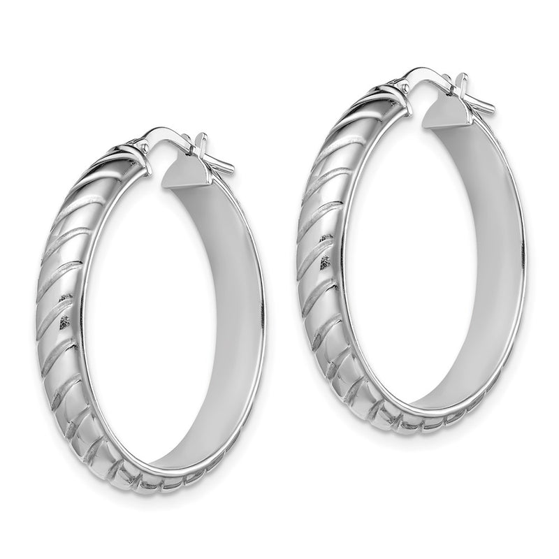 Sterling Silver Rhodium-Plated 5X25mm Polished Textured Hoops