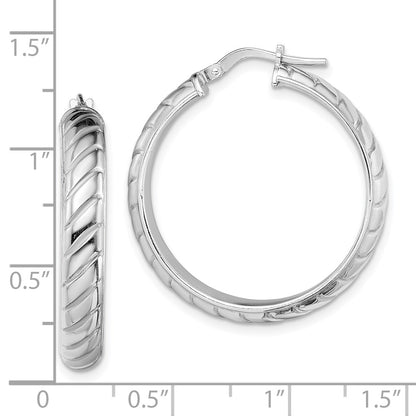 Sterling Silver Rhodium-Plated 5X25mm Polished Textured Hoops