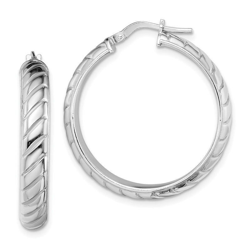 Sterling Silver Rhodium-Plated 5X25mm Polished Textured Hoops