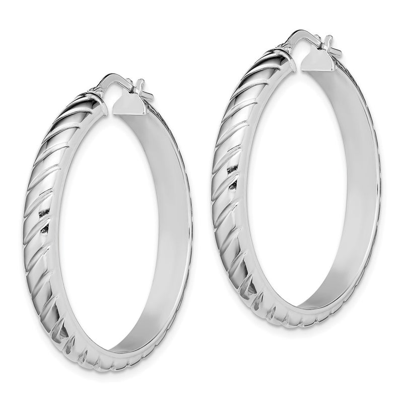 Sterling Silver Rhodium-Plated 5X30mm Polished Textured Hoops