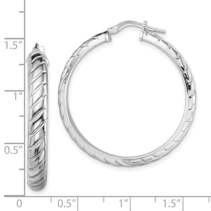 Sterling Silver Rhodium-Plated 5X30mm Polished Textured Hoops