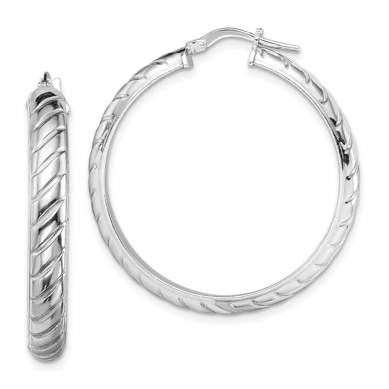 Sterling Silver Rhodium-Plated 5X30mm Polished Textured Hoops