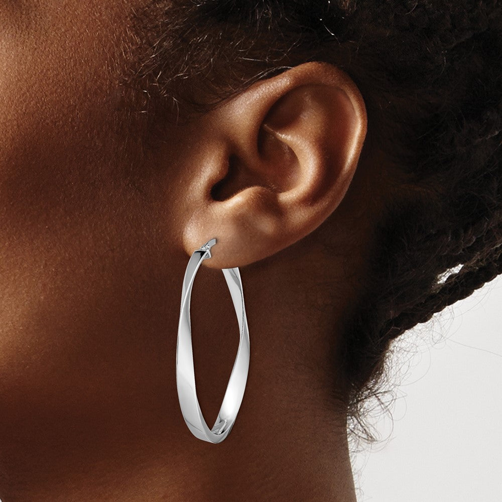 Sterling Silver Rhodium-Plated Polished & Twisted Oval Hoop Earrings