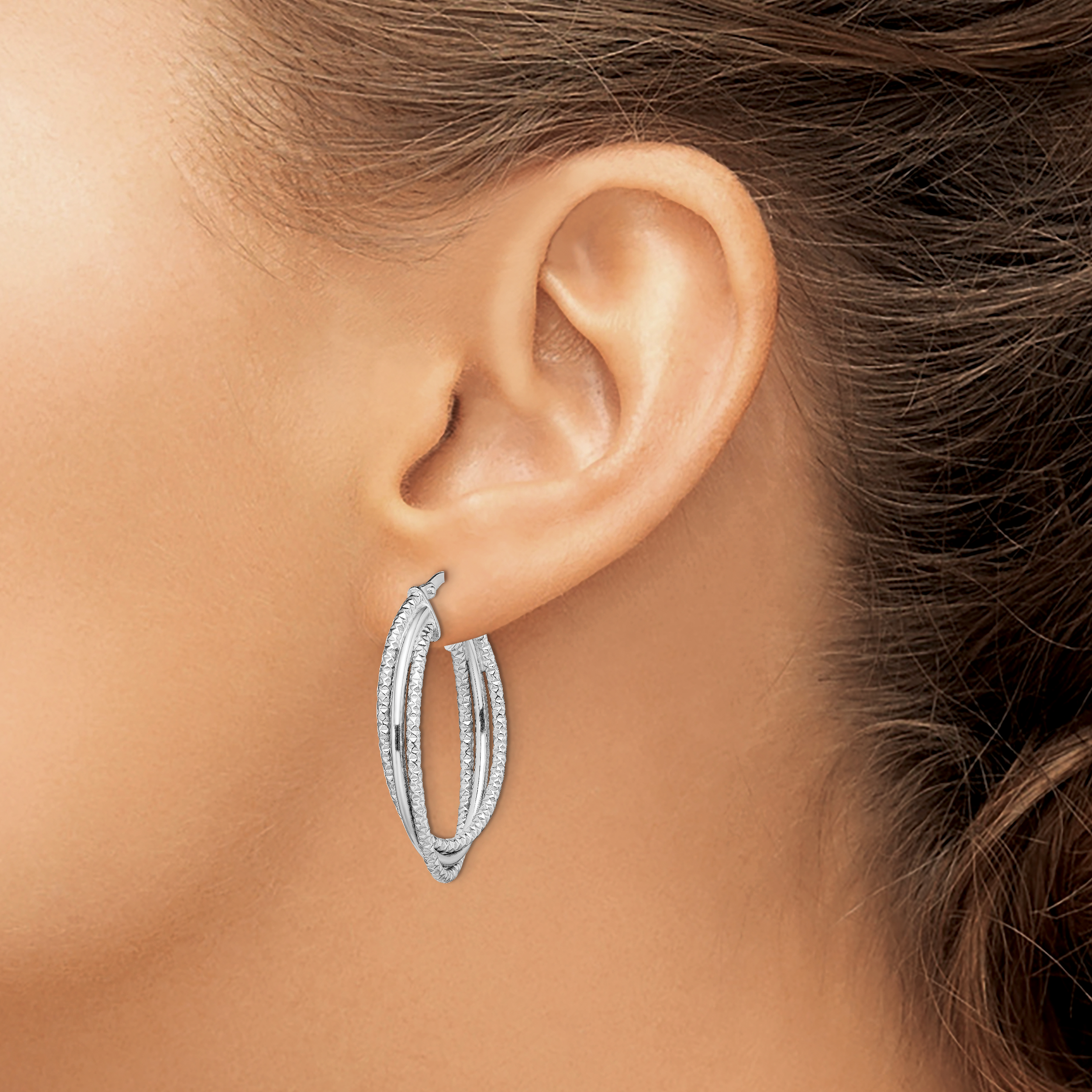Sterling Silver Rhodium-Plated Polished And Textured Triple Hoops