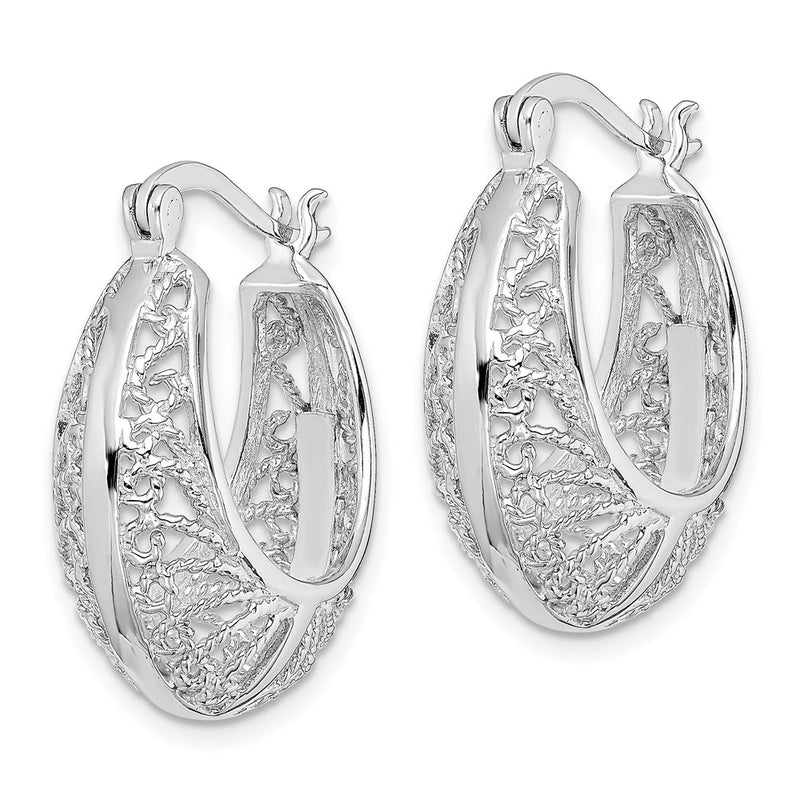 Sterling Silver Rhod-Plated Polished & Filigree Round Hoop Earrings