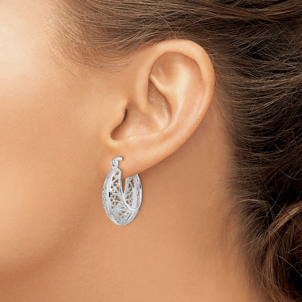 Sterling Silver Rhod-Plated Polished & Filigree Round Hoop Earrings
