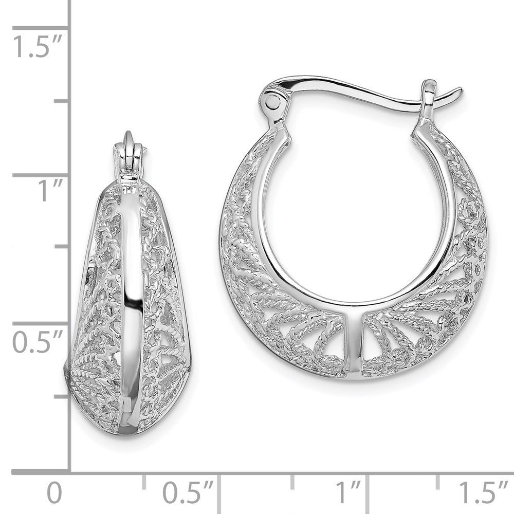 Sterling Silver Rhod-Plated Polished & Filigree Round Hoop Earrings