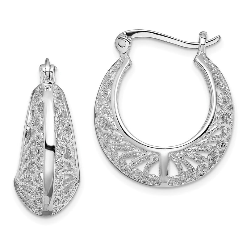 Sterling Silver Rhod-Plated Polished & Filigree Round Hoop Earrings
