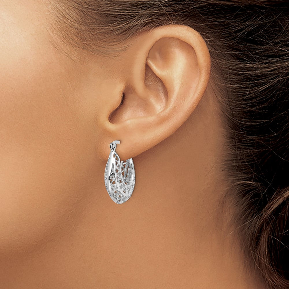 Sterling Silver Rhodium-Plated Polished & Filigree Hoop Earrings